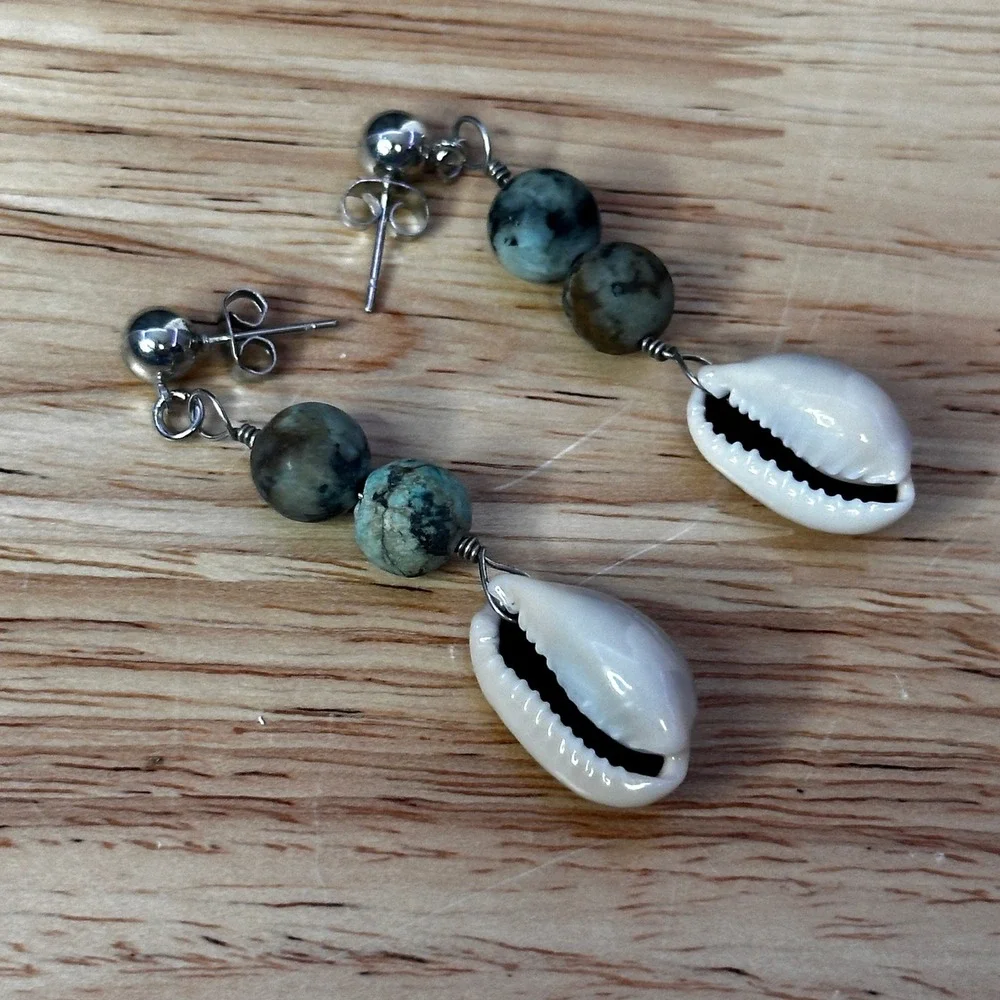 Boho Cowrie Shell Turquoise Stone Dangle Earrings Silver Tone Post Back Coastal